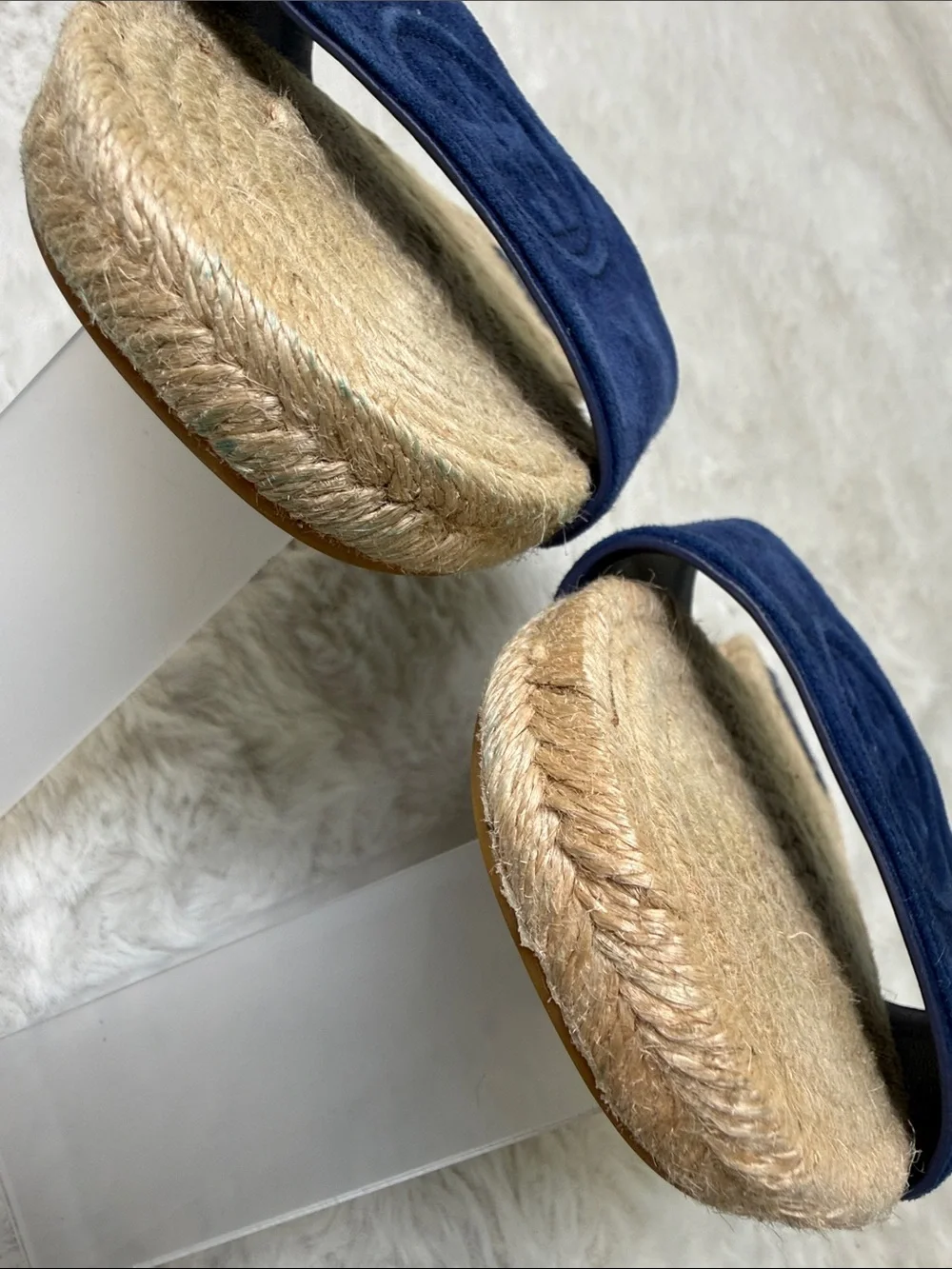 Tory Burch Benton Kid Suede Open Toe Espadrille Slide Navy 7.5 Embossed Logo
